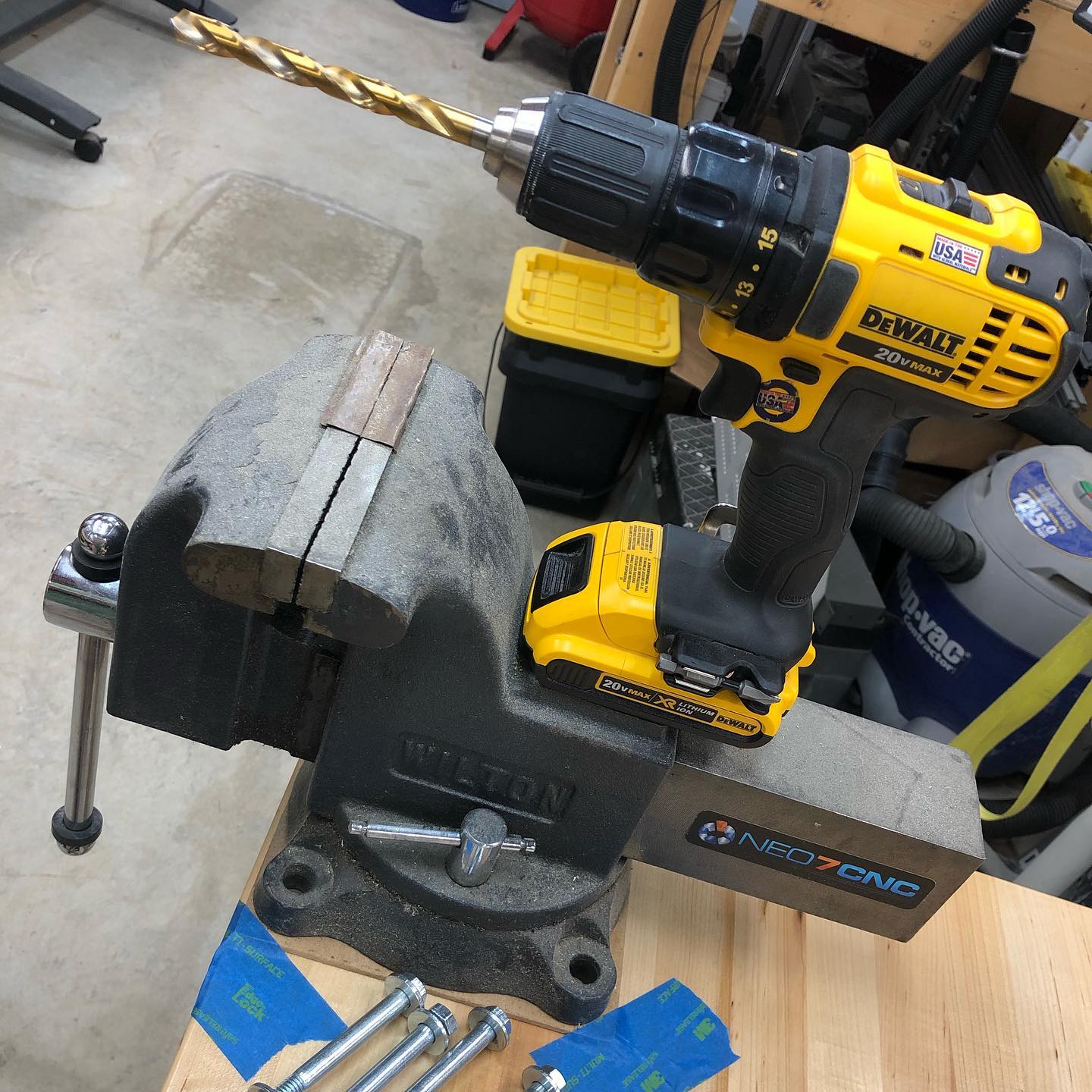This is what true commitment looks like 😆. No more C clamps holding the vise to the workbench. #diy #diycnc #shoptime #maker #imake #workbench #workbenches #maple #dewalt